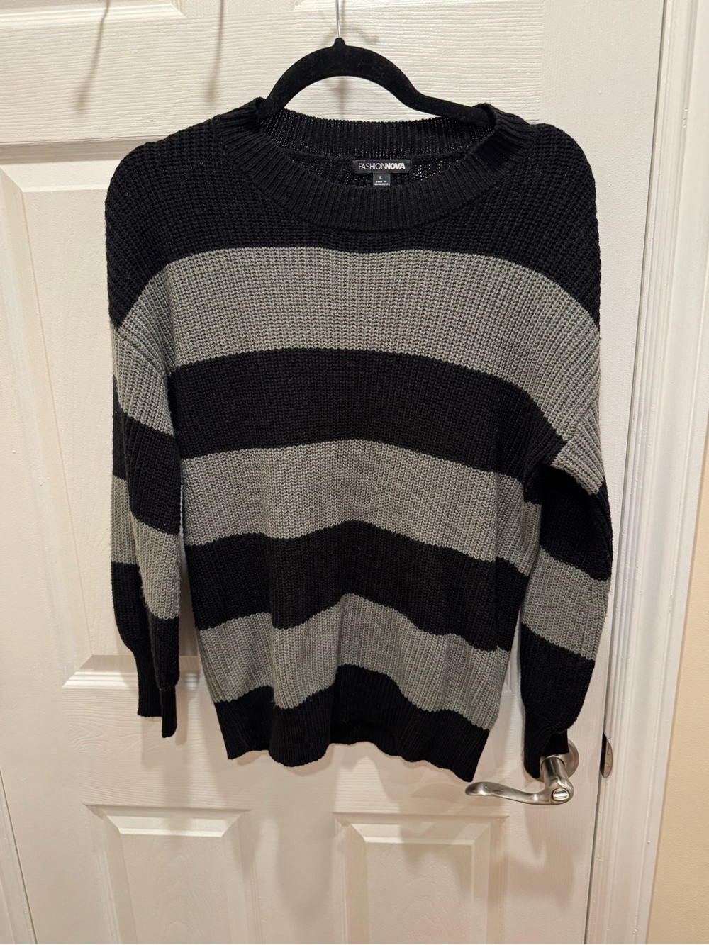 Fashion Nova Black & Gray Striped Knit Sweater